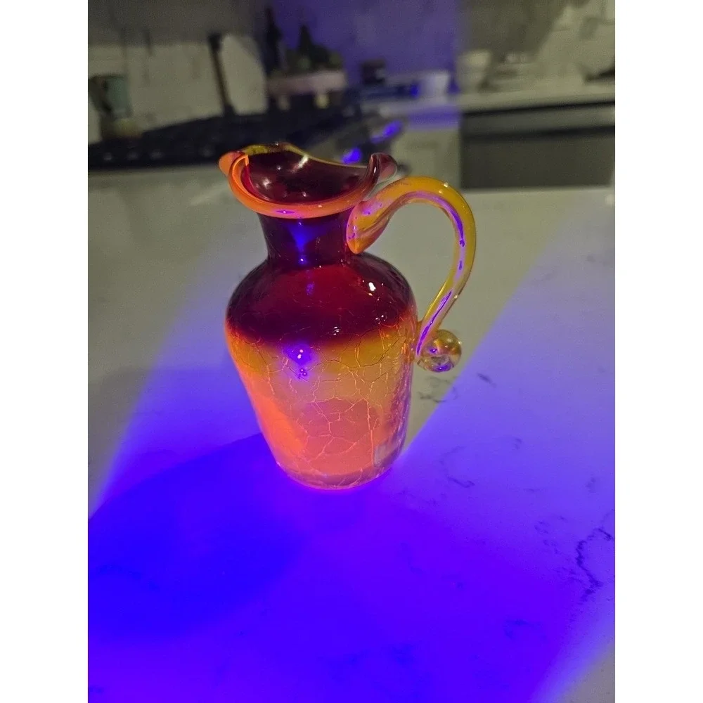 Blenko Amberina Crackle Art Glass Pitcher Oil Glowing Glass